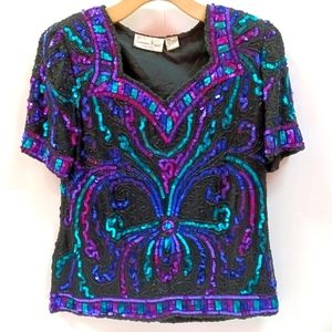 Laurence Kazar Vintage Silk Sequin & Beaded Top Blouse Black Blue Purple Teal